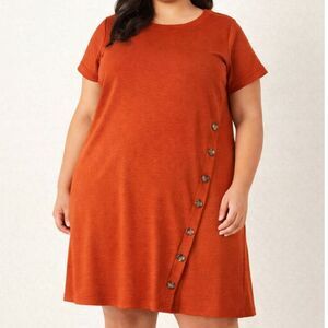 J Jill Plus Size Shift Dress 18/20W Burnt Orange Side Button Short Sleeve